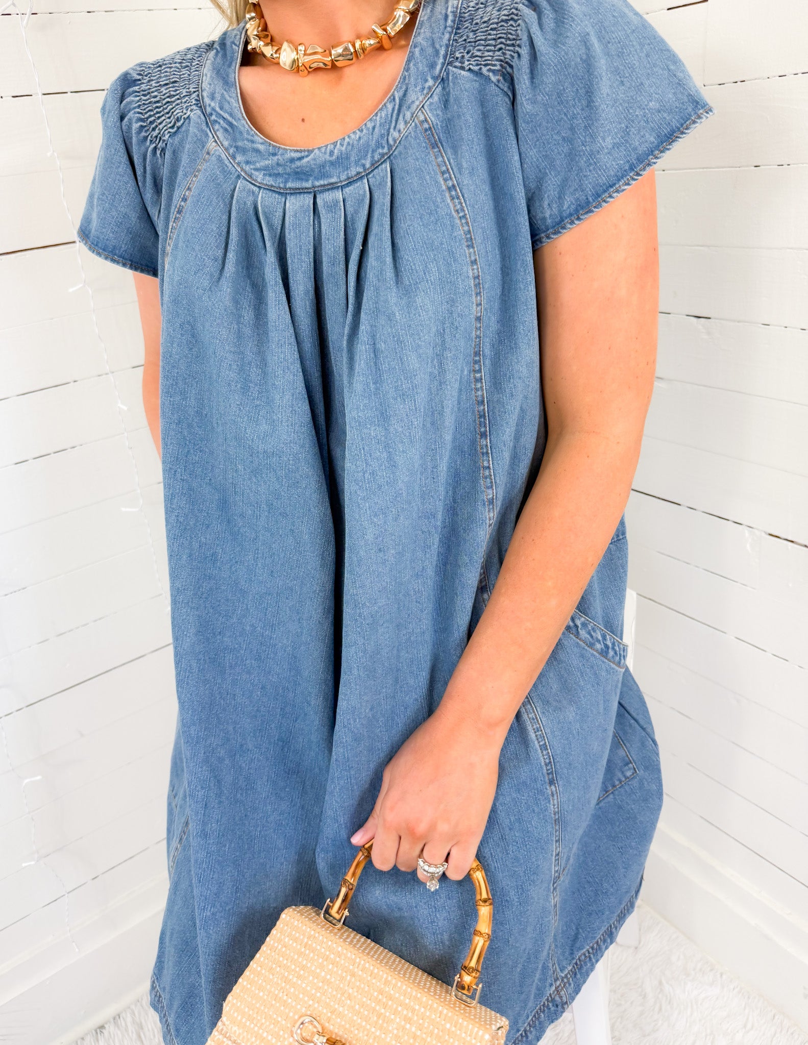 Darby Denim Smocked Ruffle Sleeve Side Pocket Mini Dress