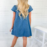 Darby Denim Smocked Ruffle Sleeve Side Pocket Mini Dress