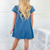Darby Denim Smocked Ruffle Sleeve Side Pocket Mini Dress