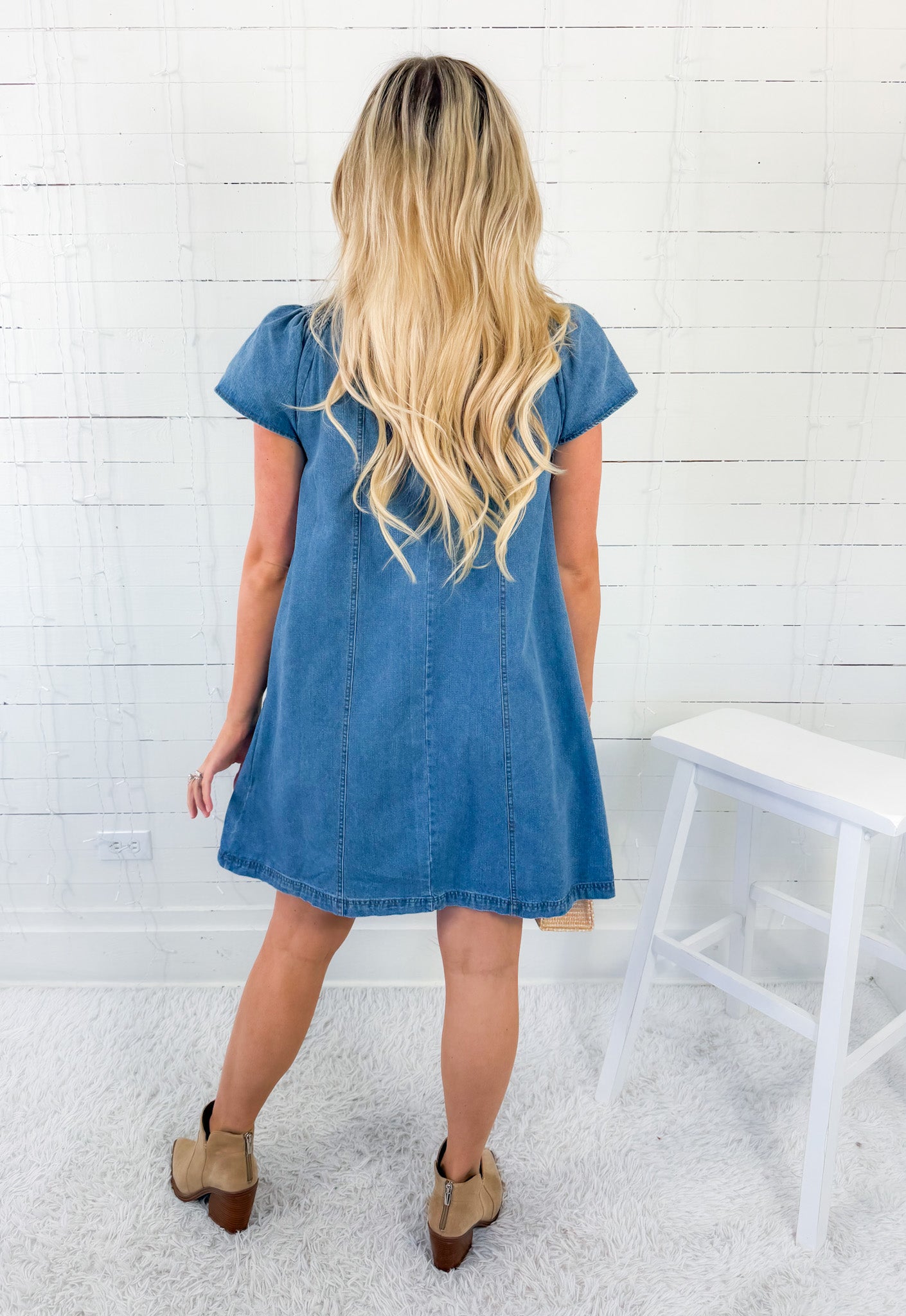 Darby Denim Smocked Ruffle Sleeve Side Pocket Mini Dress