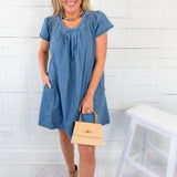 Darby Denim Smocked Ruffle Sleeve Side Pocket Mini Dress
