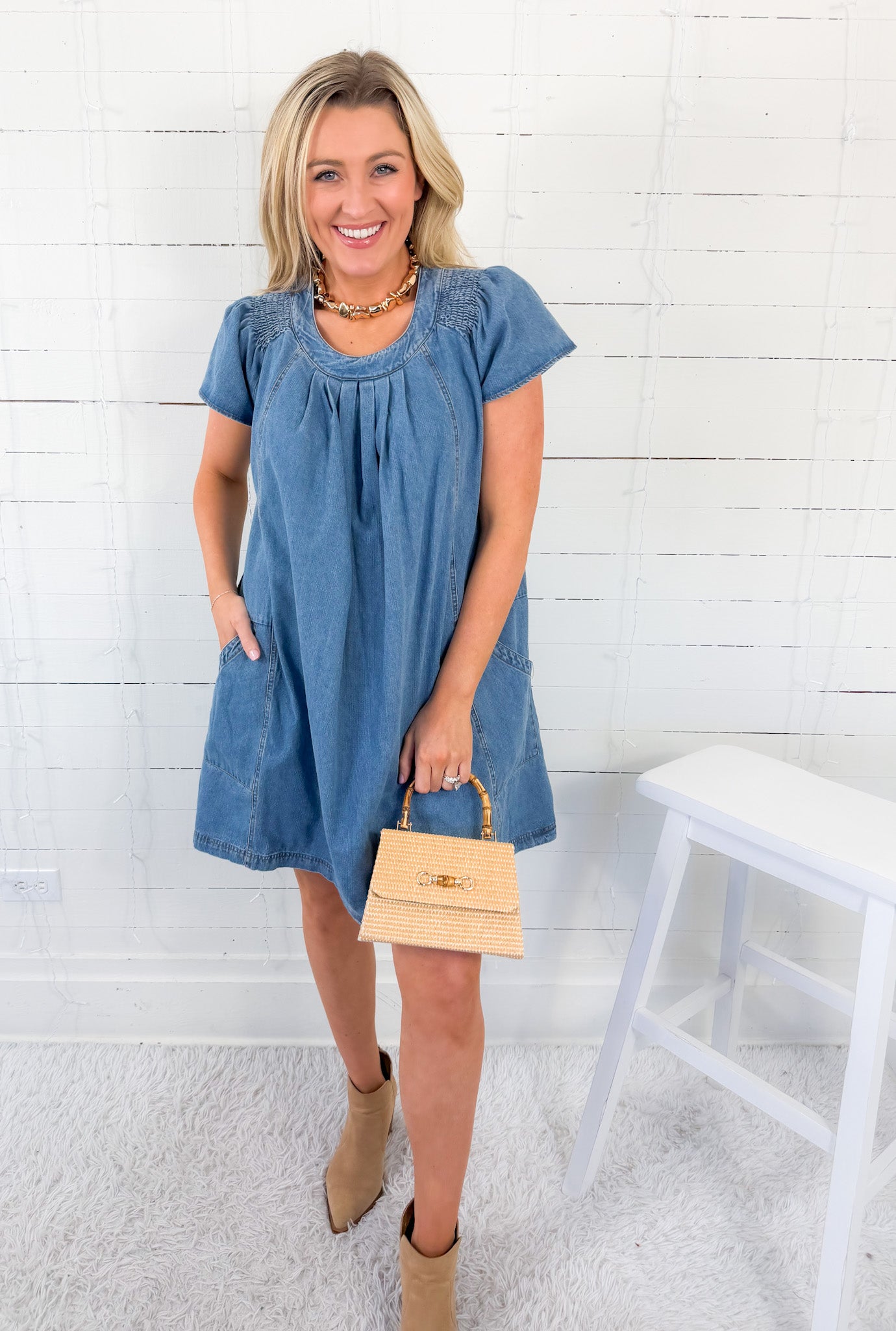 Darby Denim Smocked Ruffle Sleeve Side Pocket Mini Dress