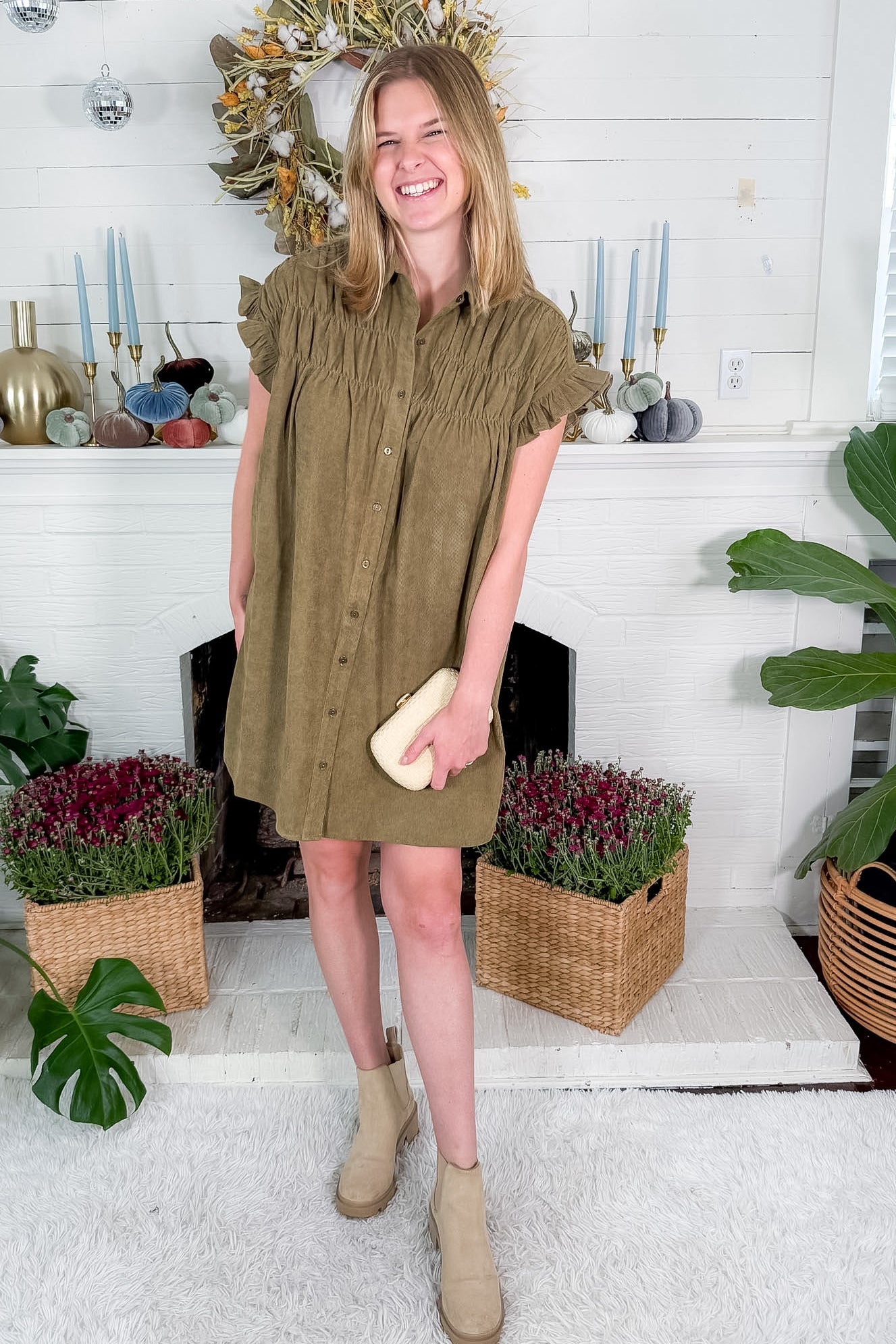 Denney Olive Fine Corduroy Mini Dress Molly Bracken