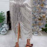 Disco Queen Silver Sequin Fringe Skirt THML