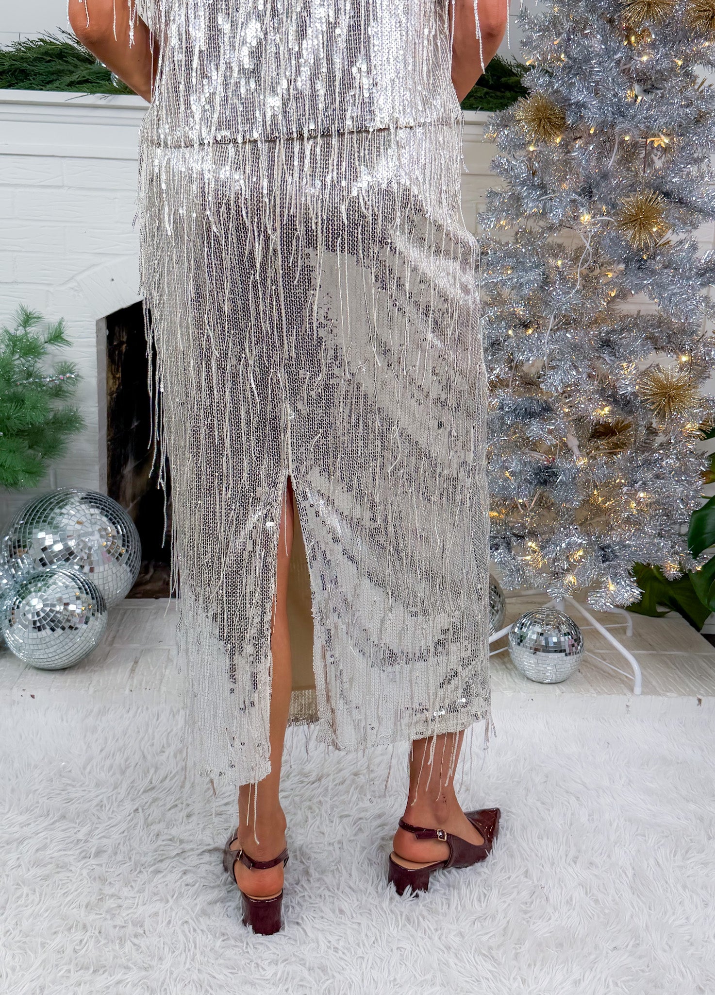 Disco Queen Silver Sequin Fringe Skirt THML