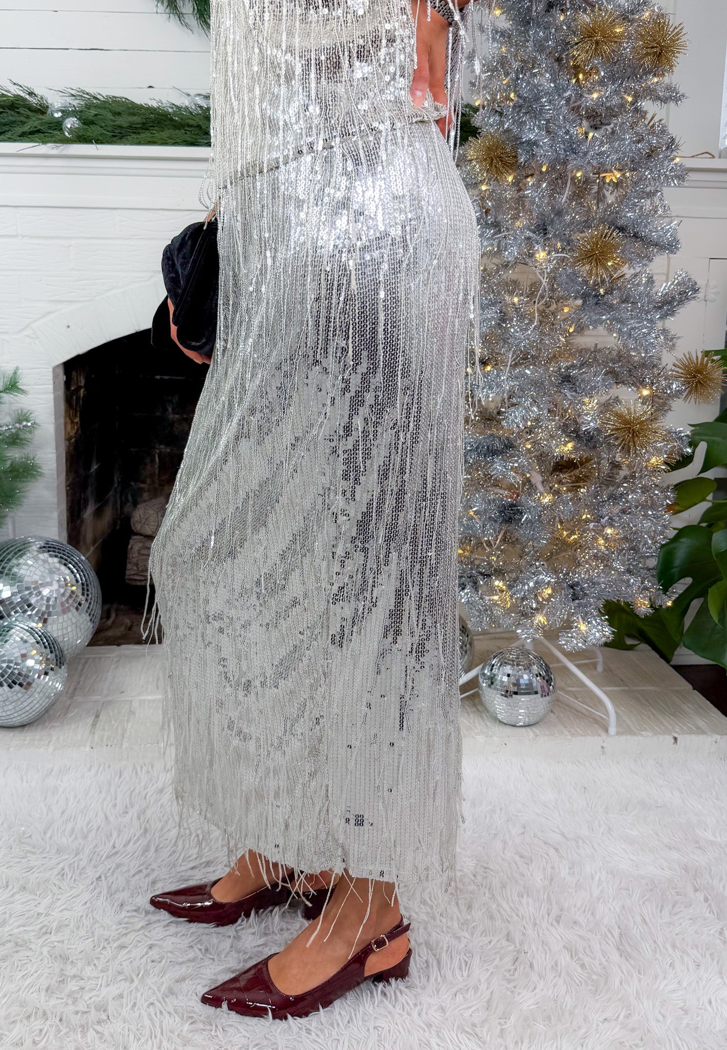 Disco Queen Silver Sequin Fringe Skirt THML