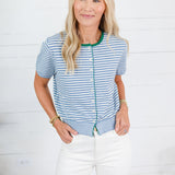 Dixon Blue + Ivory + Green Trim Cardigan All Row