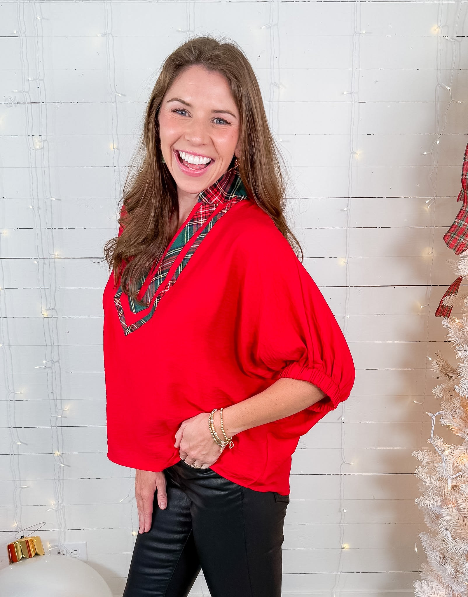 Douglass Red + Plaid Placket Top Entro