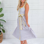 Duchess Blush + Blue Grey Stripe Midi Dress
