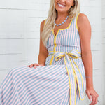 Duchess Blush + Blue Grey Stripe Midi Dress