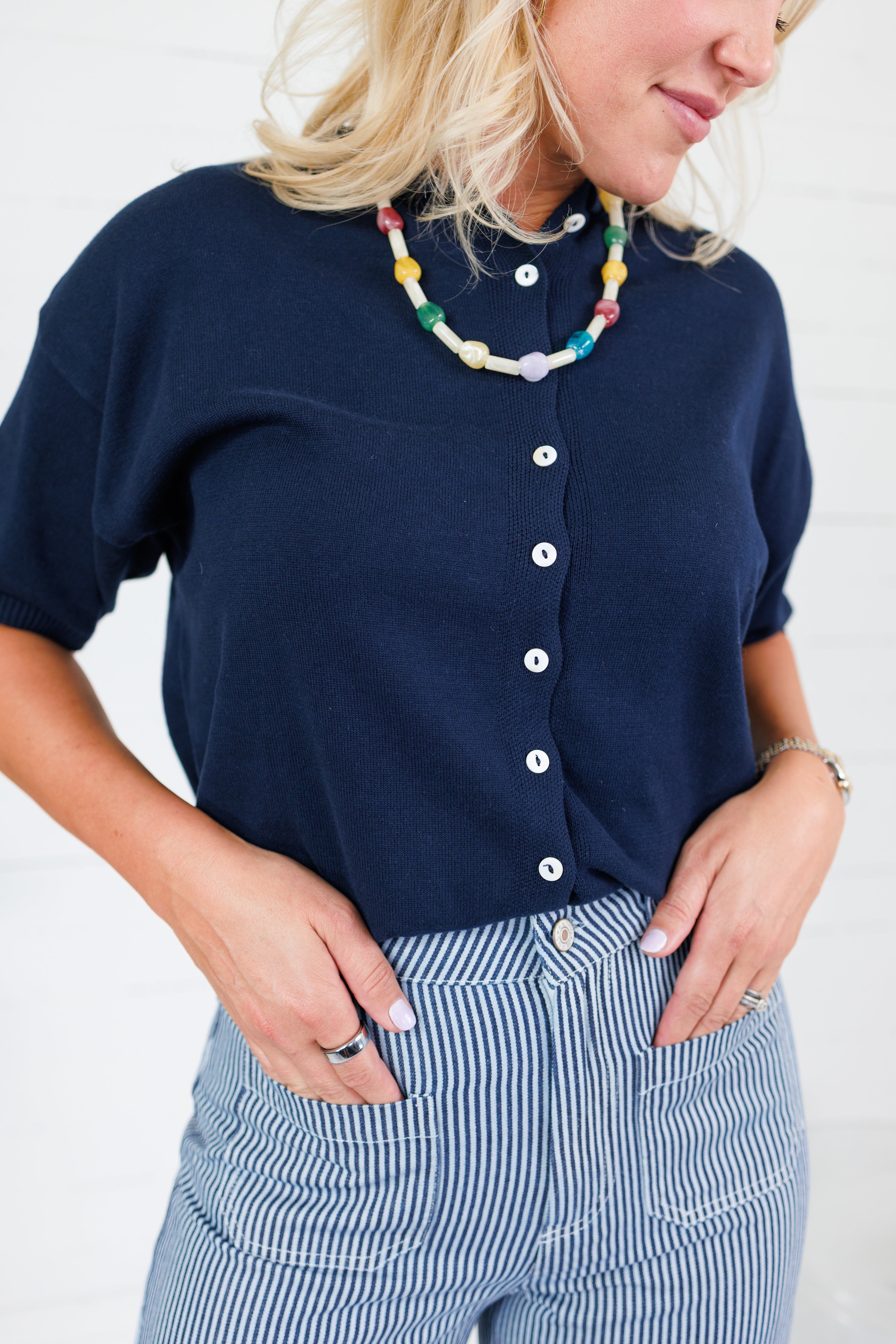 Dudley Midnight Blue Flat Knit SS Cardigan Things Between
