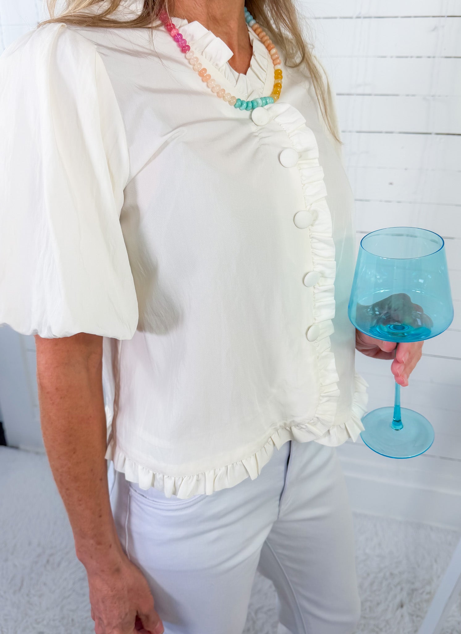 Dunne Off White Ruffle Bubble Sleeve Top Naked Zebra