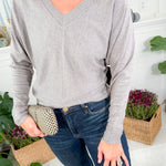 Echols Heather Gray V-Neck Banded Detail Sweater