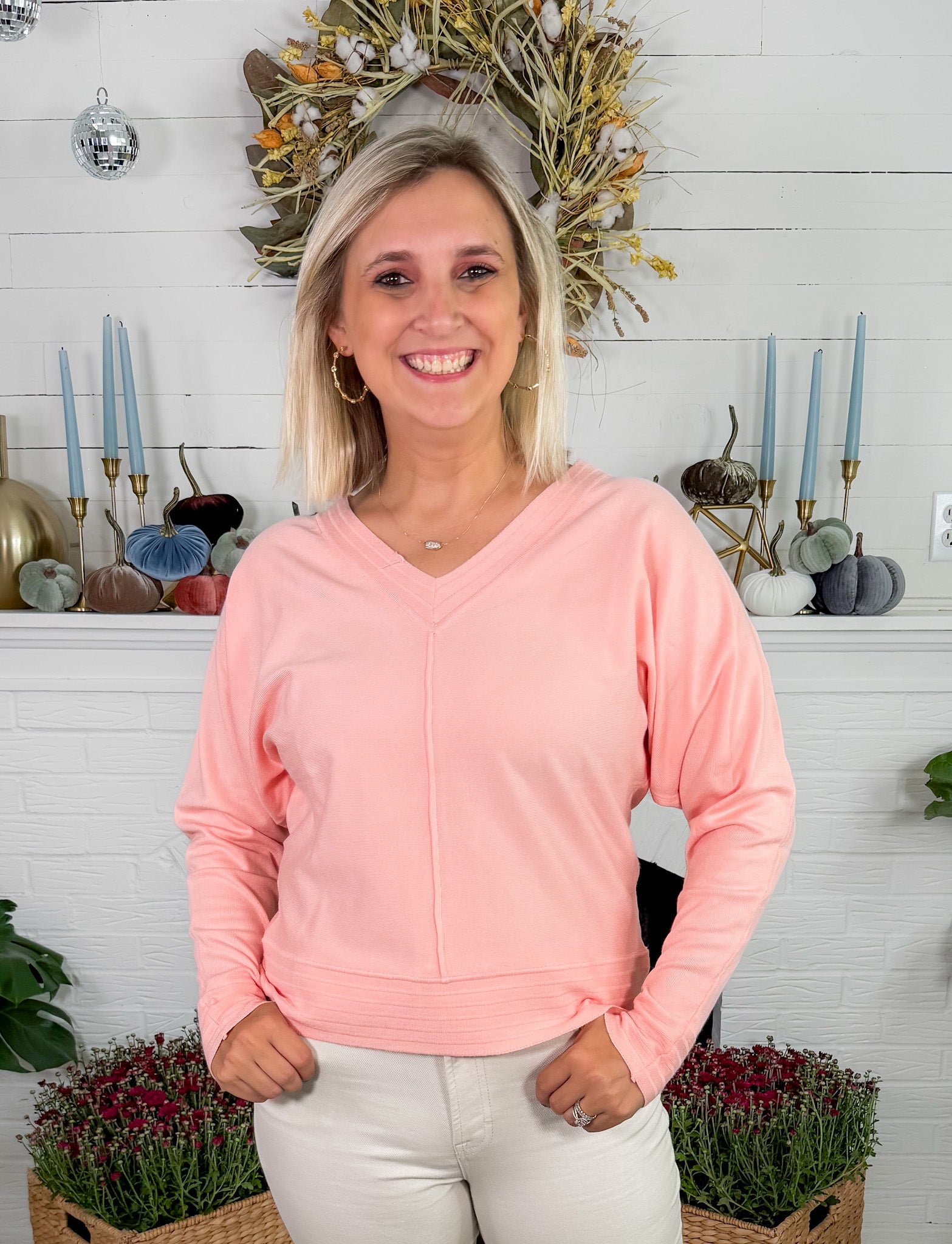 Echols Light Melon V-Neck Banded Detail Sweater