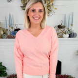 Echols Light Melon V-Neck Banded Detail Sweater
