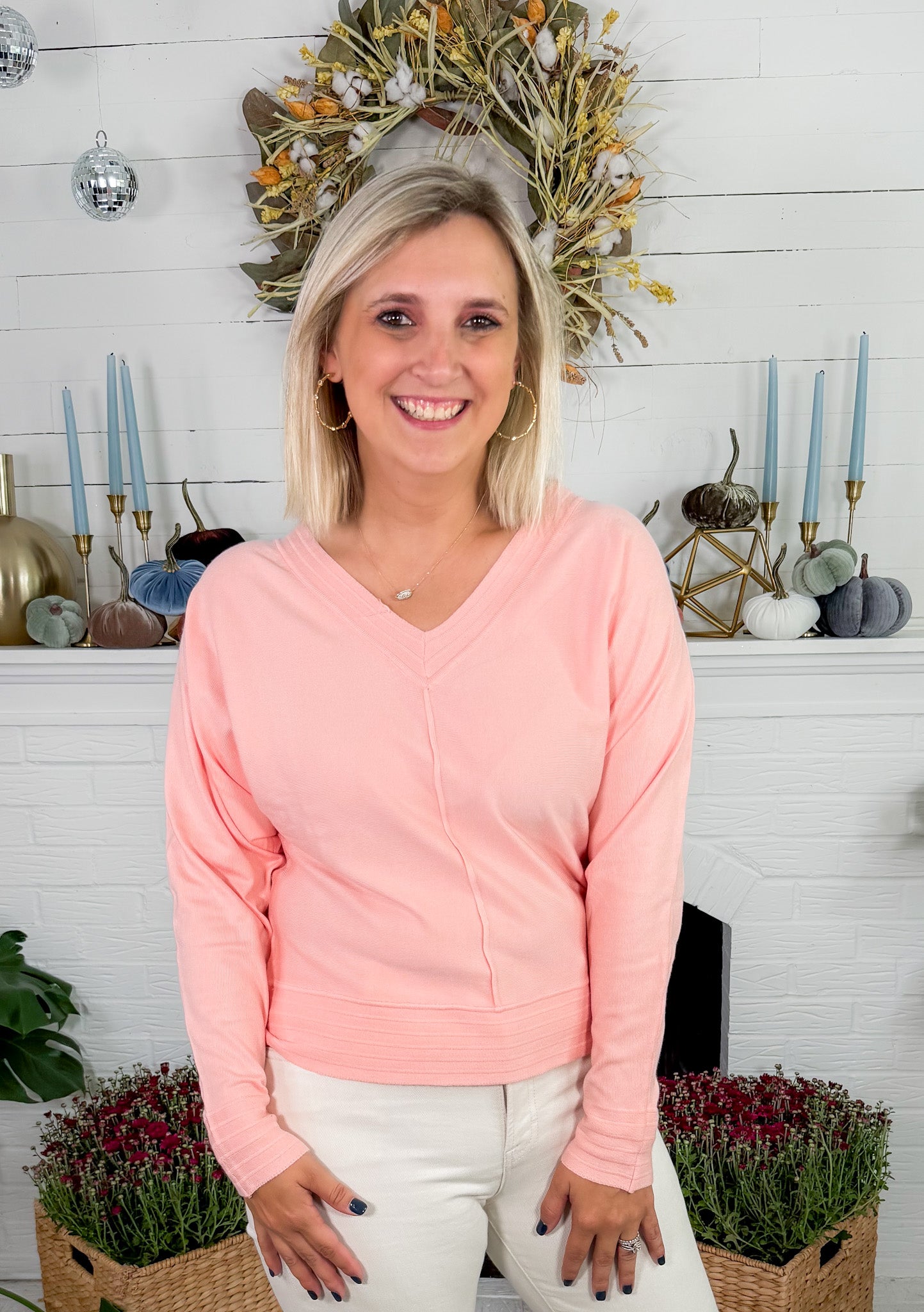 Echols Light Melon V-Neck Banded Detail Sweater