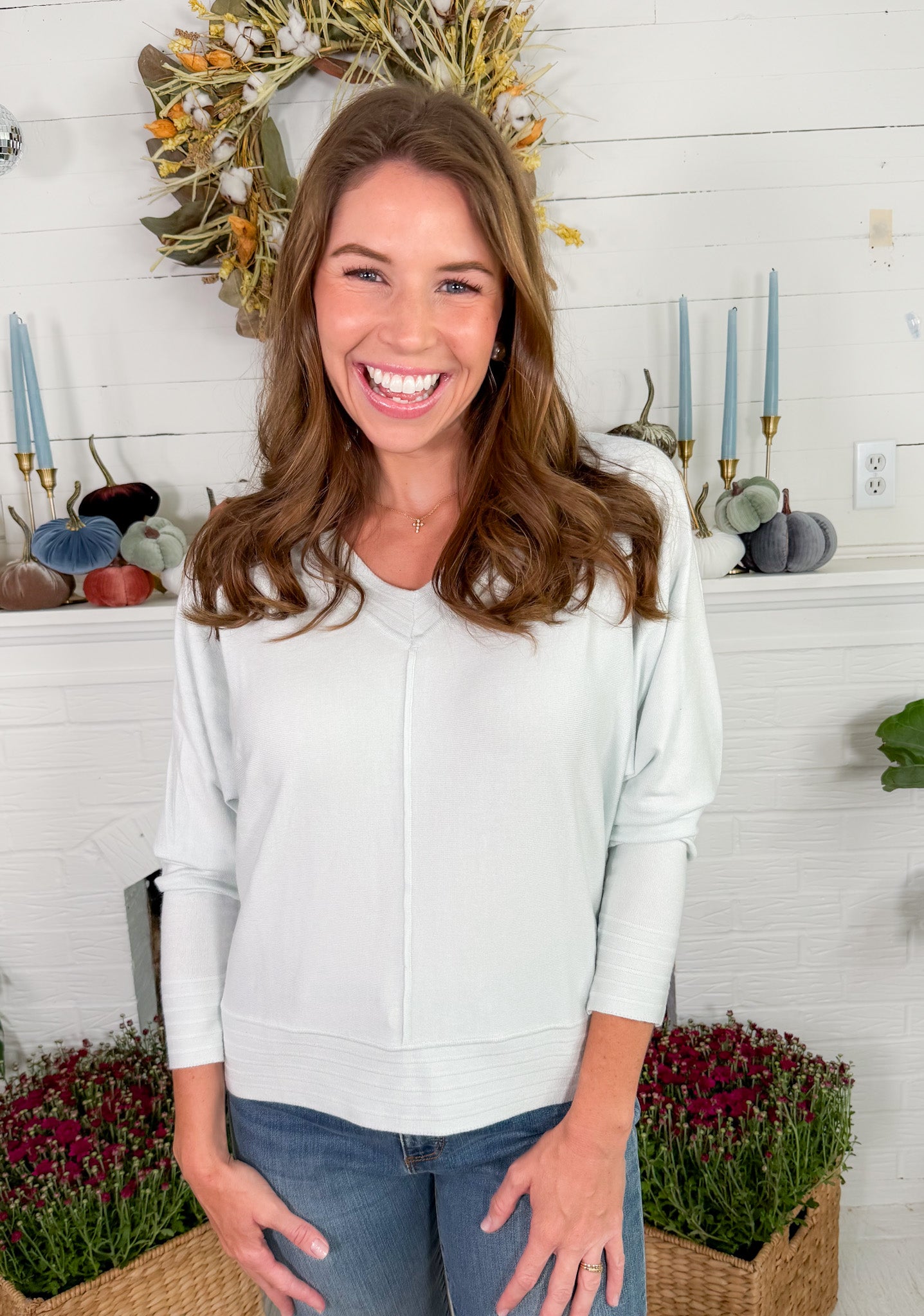 Echols Powder Blue  V-Neck Banded Detail Sweater