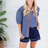 Elaine Navy + Orange Gingham Top Mary Square