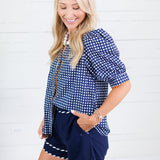 Elaine Navy + Orange Gingham Top Mary Square