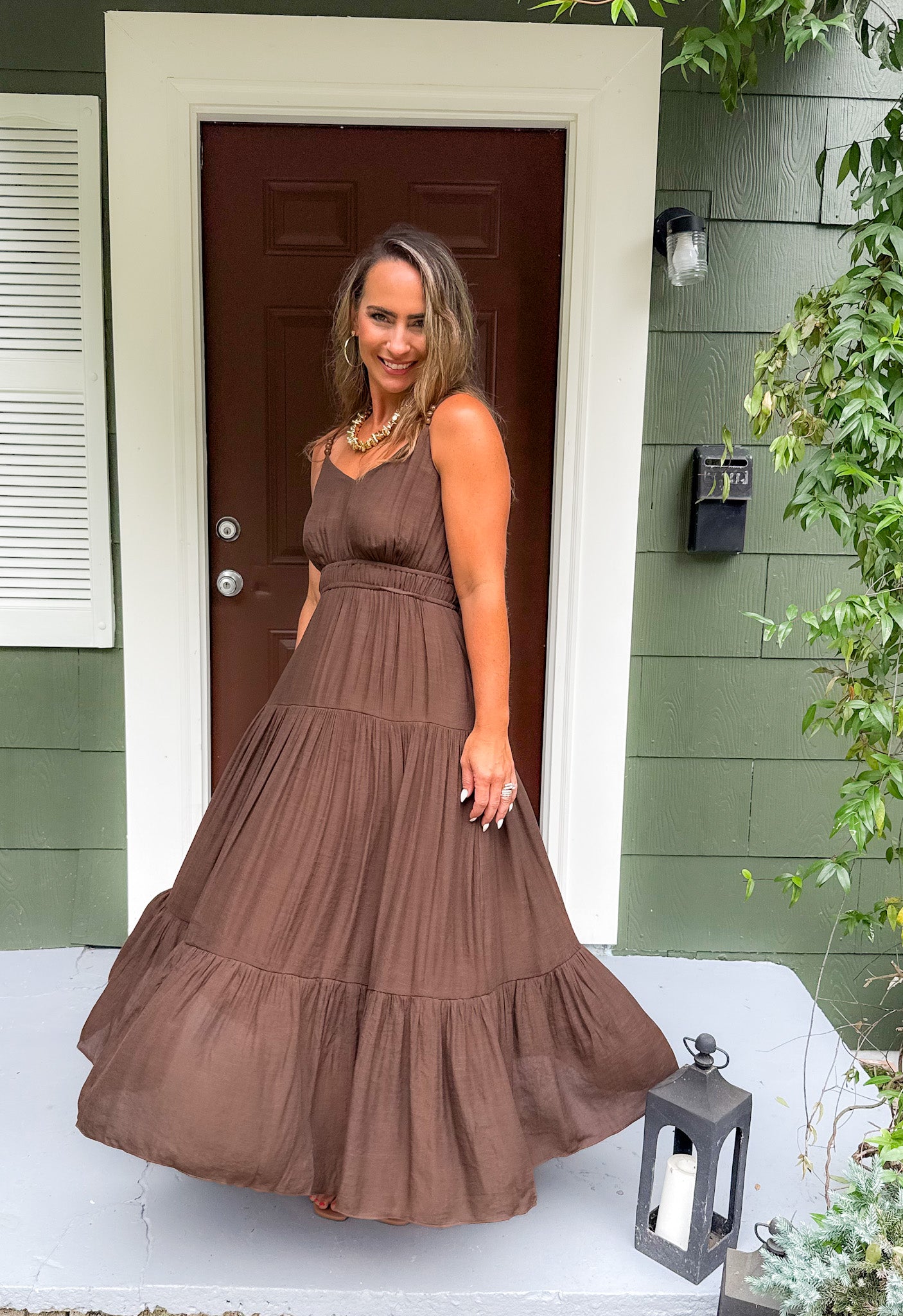 Eliana Brown Tiered Maxi Dress Lucy Paris
