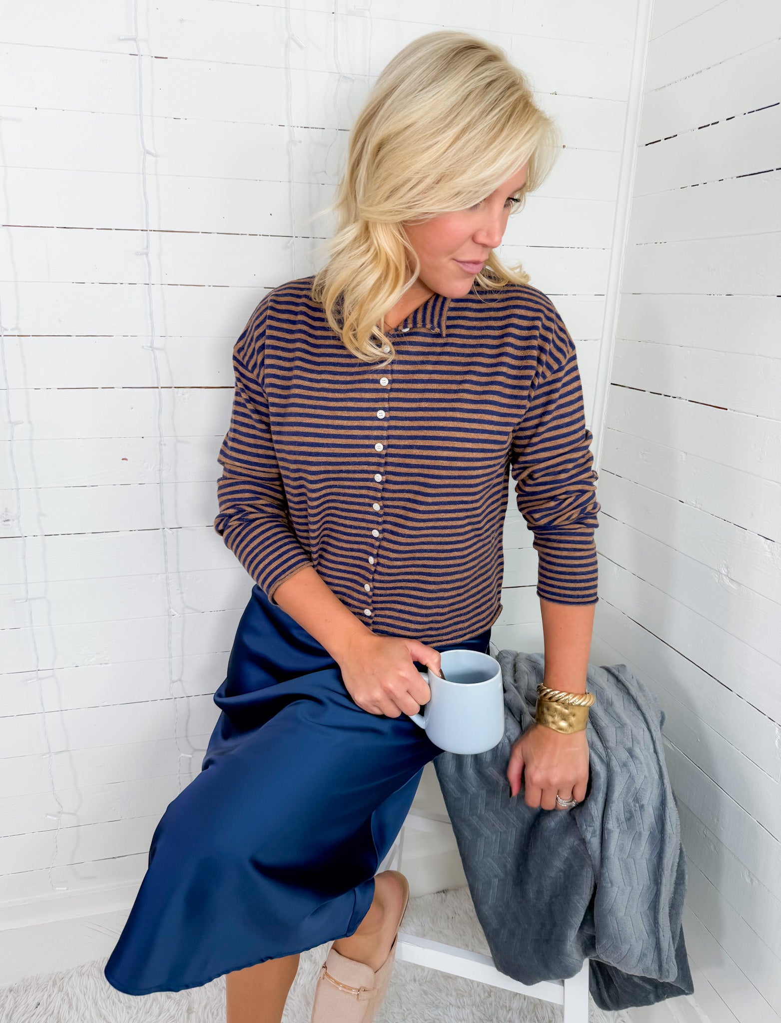 Elisa Brown + Navy Striped Cardigan Sweater Mod Ref