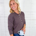 Elisa Brown + Navy Striped Cardigan Sweater Mod Ref