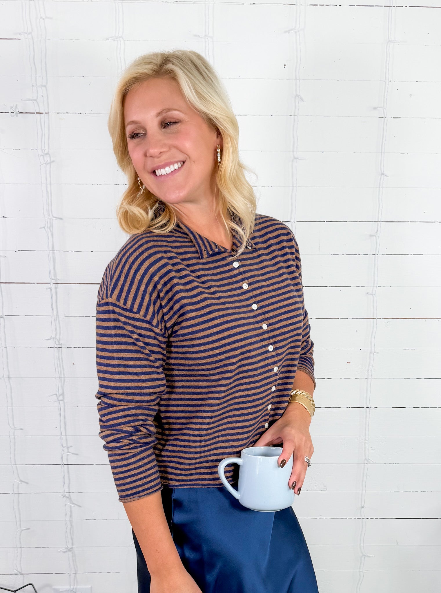 Elisa Brown + Navy Striped Cardigan Sweater Mod Ref
