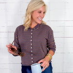 Elisa Brown + Navy Striped Cardigan Sweater Mod Ref