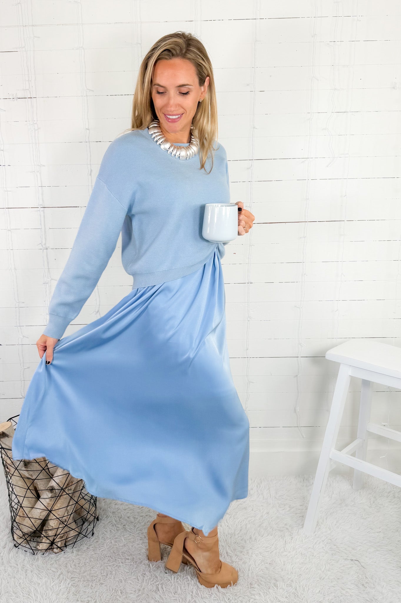 Eliza Sky Blue Silky Slip Dress + Sweater (2 Pieces) Jodifl 