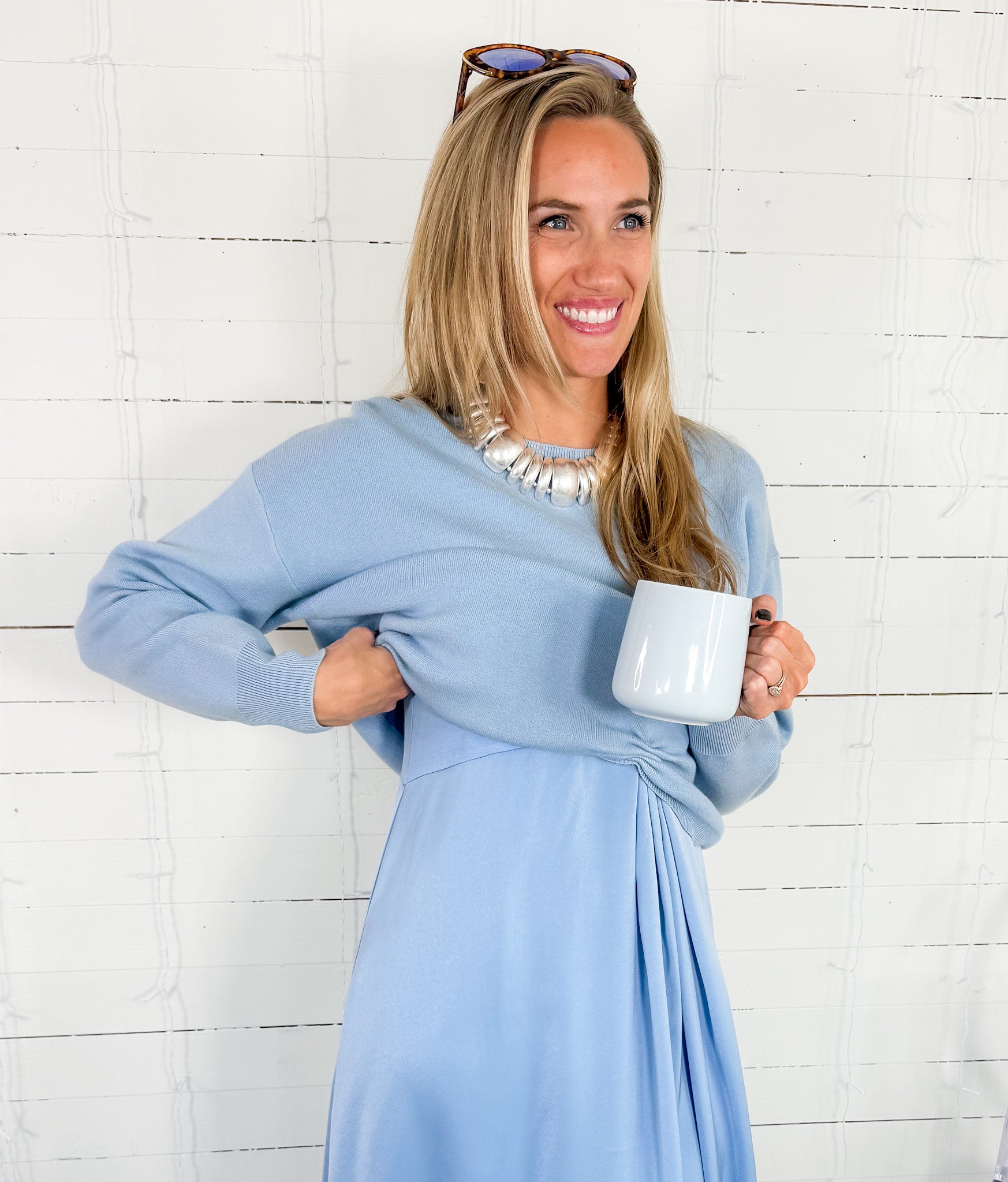 Eliza Sky Blue Silky Slip Dress + Sweater (2 Pieces) Jodifl 