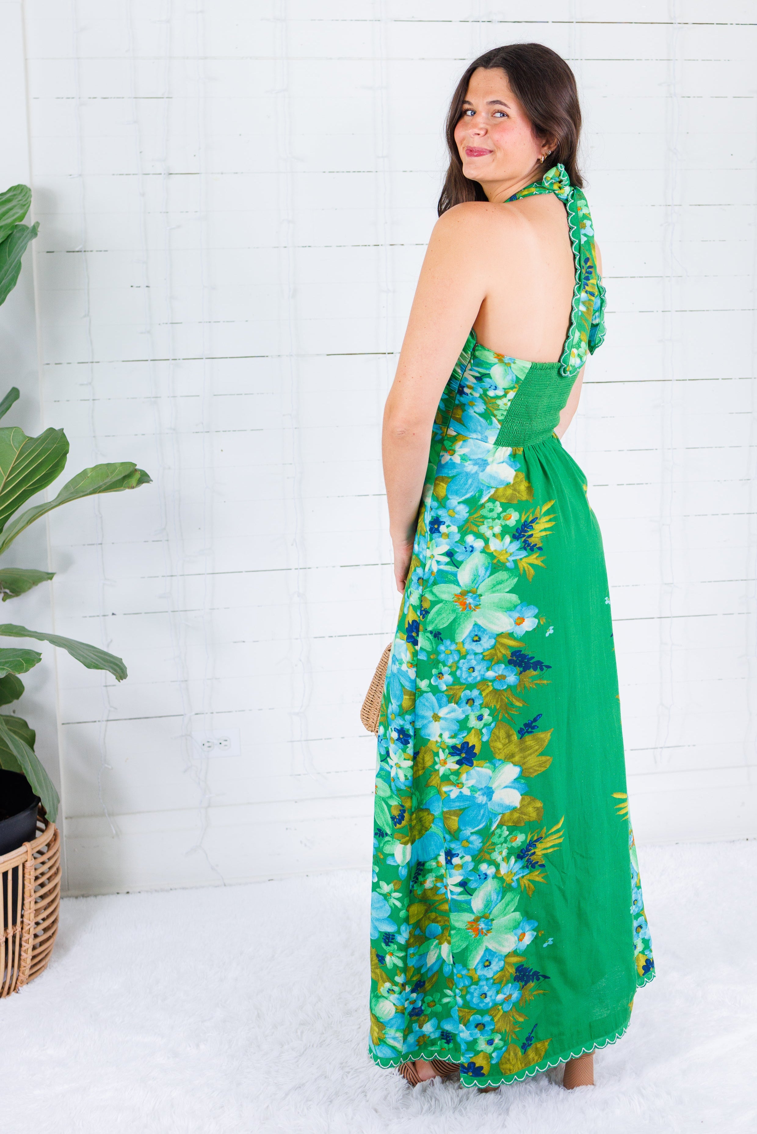 Elizabeth James Aubrey Hula Green Halter Maxi Dress