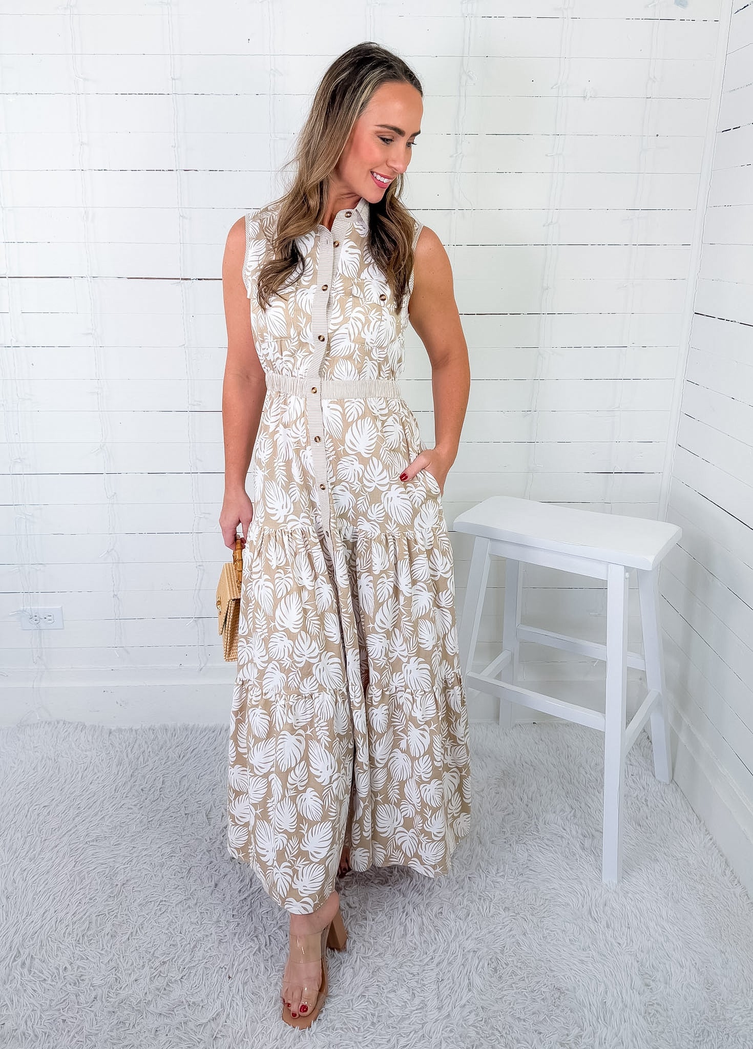 Elliott Taupe + White Contrast Detail Maxi Dress
