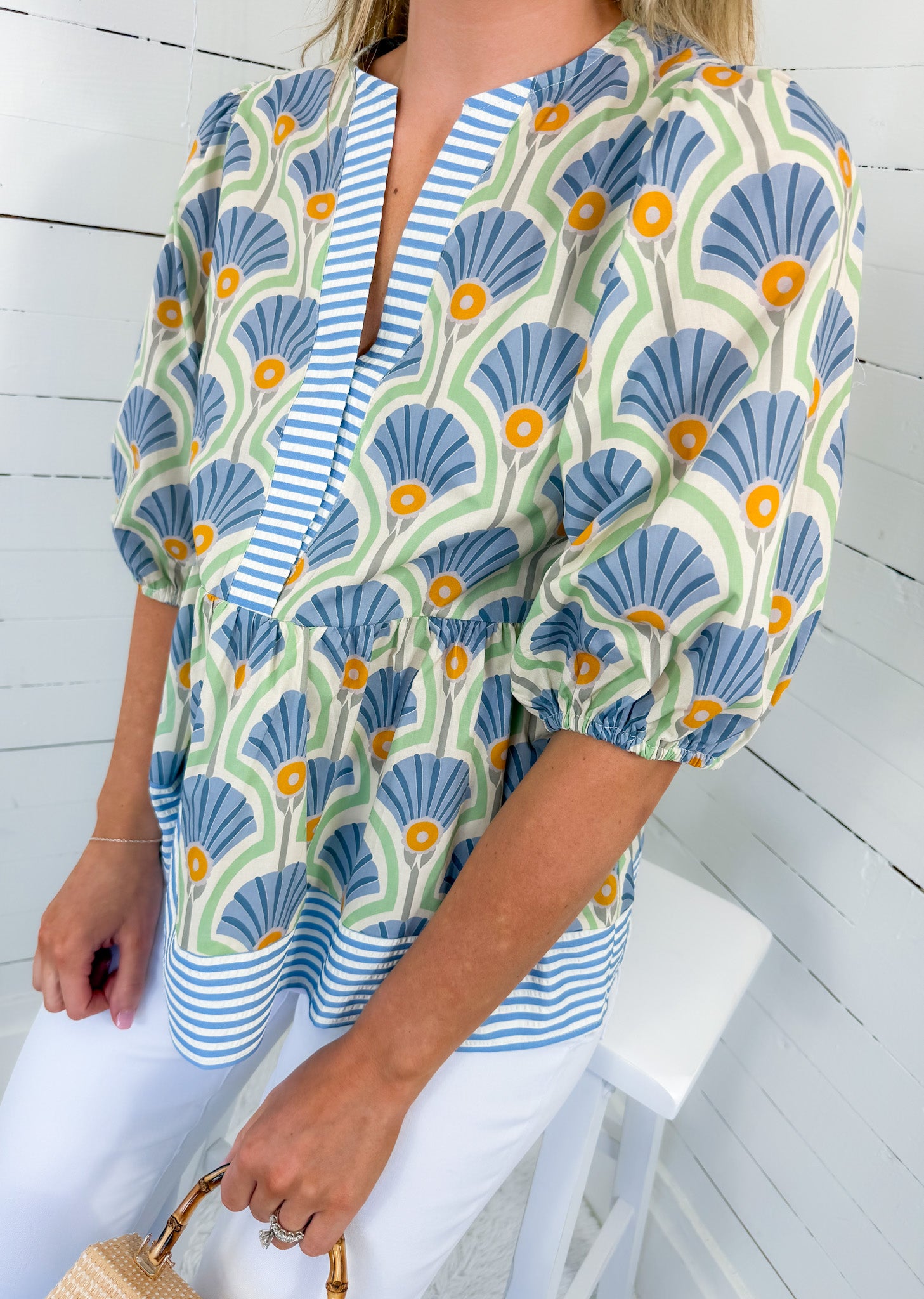 Elsa Blue Fan + Stripe Contrast Top