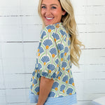 Elsa Blue Fan + Stripe Contrast Top