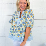 Elsa Blue Fan + Stripe Contrast Top