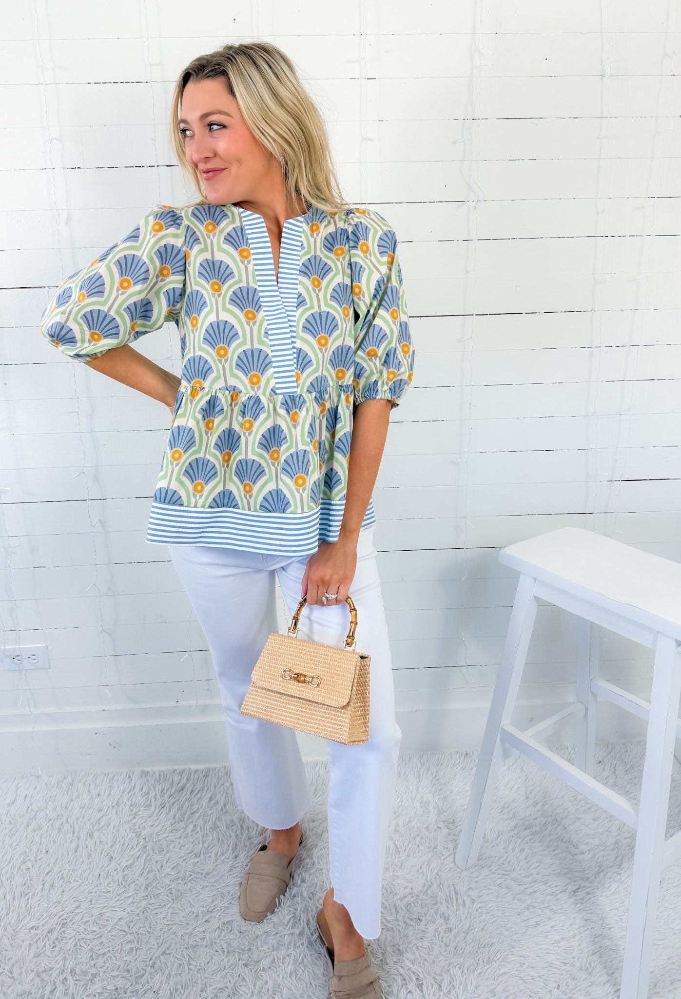 Elsa Blue Fan + Stripe Contrast Top