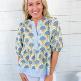Elsa Blue Fan + Stripe Contrast Top