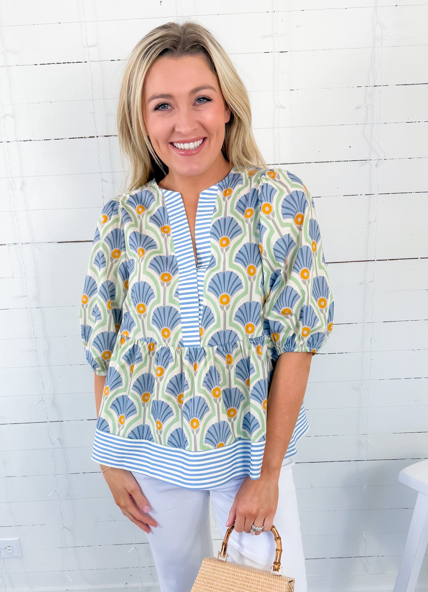 Elsa Blue Fan + Stripe Contrast Top