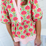 Elsa Pink Fan + Stripe Contrast Top