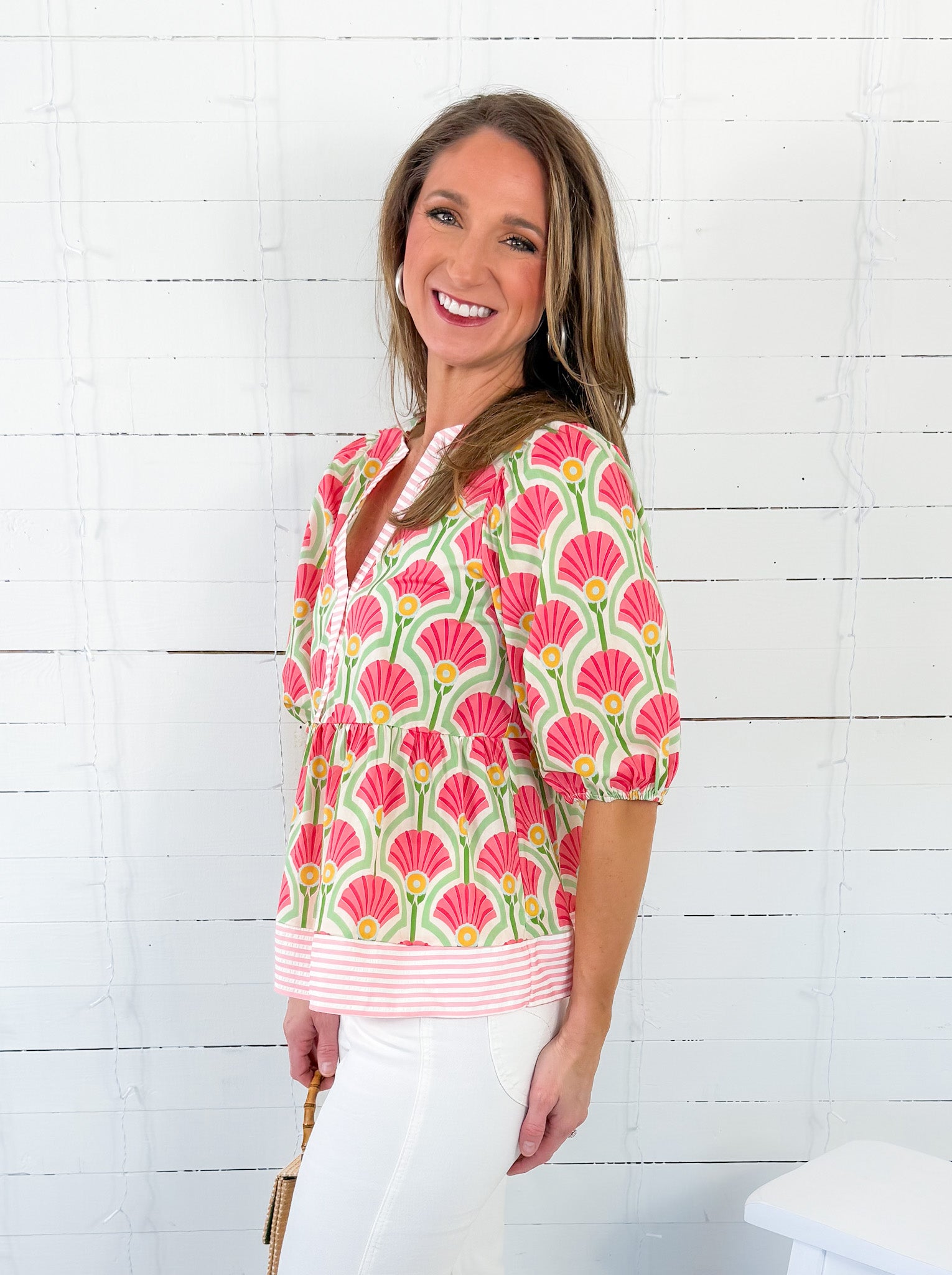 Elsa Pink Fan + Stripe Contrast Top