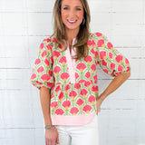 Elsa Pink Fan + Stripe Contrast Top