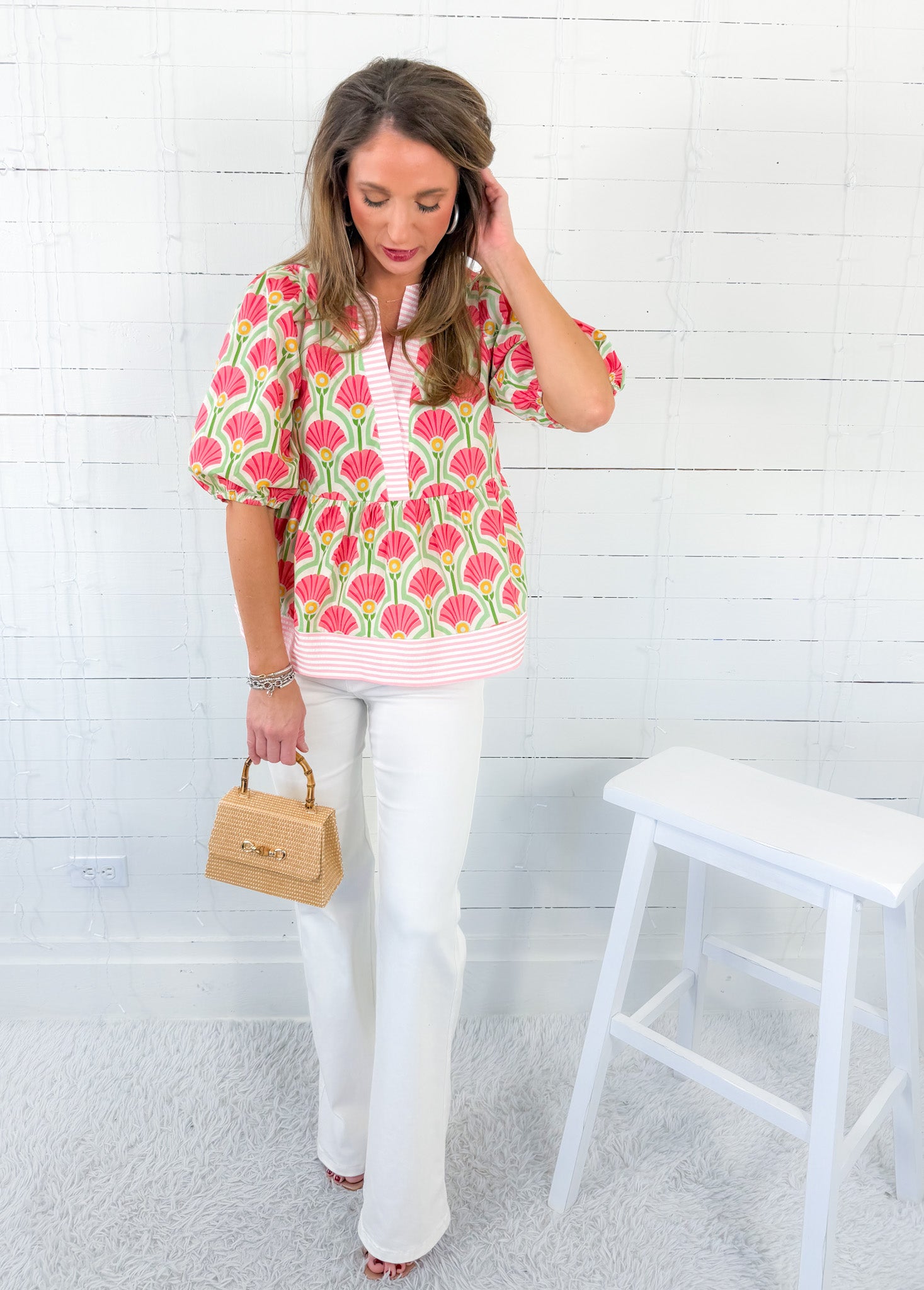 Elsa Pink Fan + Stripe Contrast Top