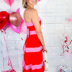 Emily Red Tiered Pink Striped Midi Dress