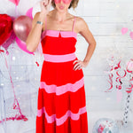 Emily Red Tiered Pink Striped Midi Dress