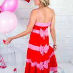 Emily Red Tiered Pink Striped Midi Dress