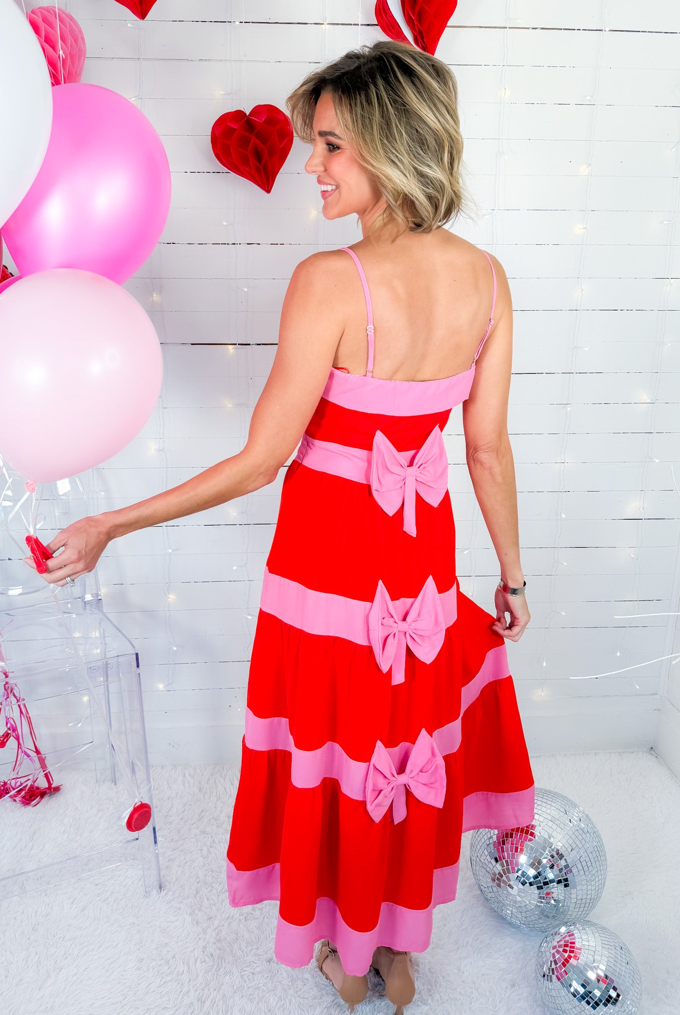 Emily Red Tiered Pink Striped Midi Dress