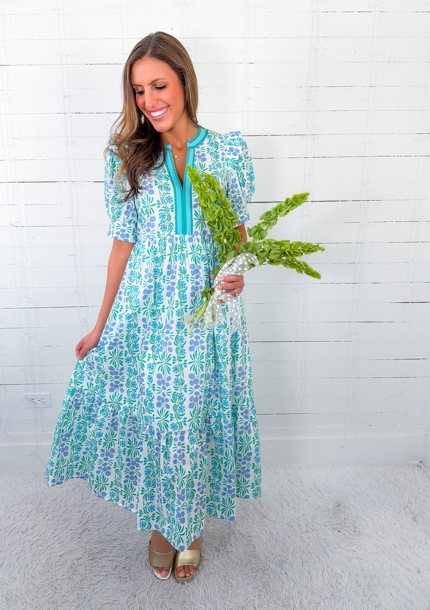 Esmerelda Aqua + Spring Green Midi Dress Entro