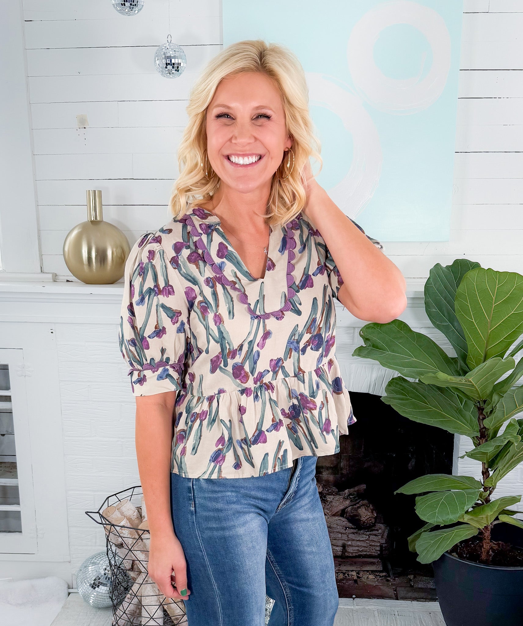 Etta Ecru Floral Peplum Top Entro