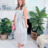 Evelyn Pastel Stripes Cinch Waist Midi Dress Entro