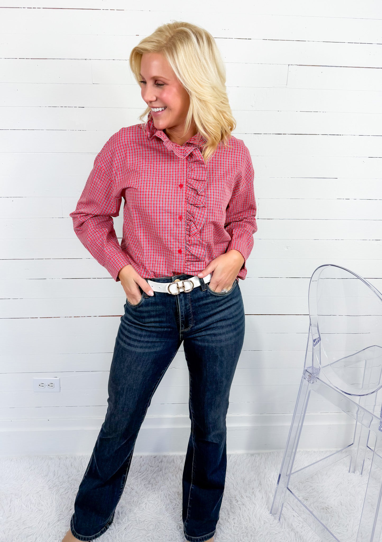 Evelyn Red + Blue Plaid Ruffle Top Compania Fantastica
